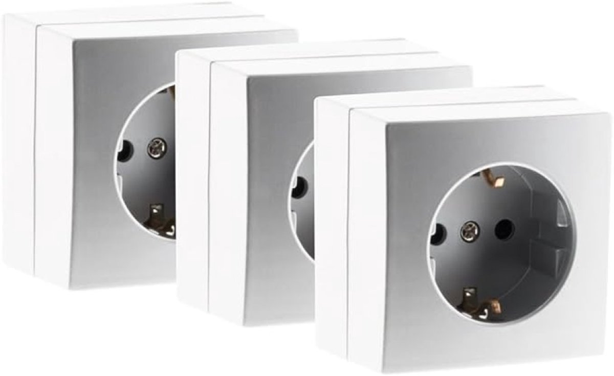 16A Schuko-stopcontact wit/zilver, 3 stuks, opbouwmontage