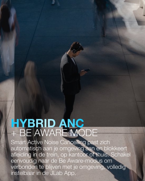 JLab Jbuds Lux ANC Draadloze Koptelefoon Bluetooth - Active Noise Cancelling Over Ear Hoofdtelefoon - 70 uur Batterijduur - Be Aware Audio - Multipoint - Aanpasbare Equalizer - Inklapbaar - Zwart