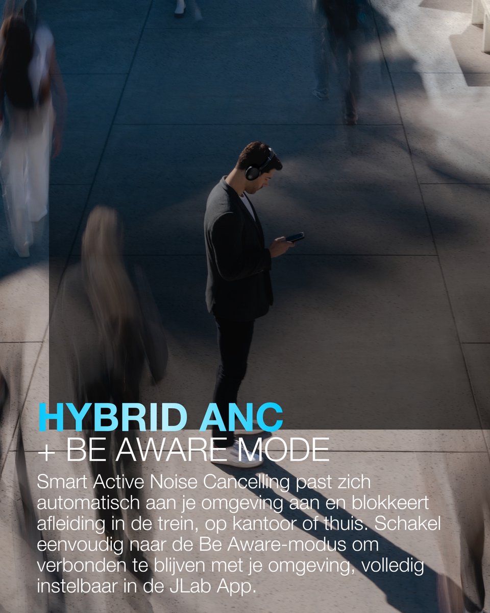 JLab Jbuds Lux ANC Draadloze Koptelefoon Bluetooth - Active Noise Cancelling Over Ear Hoofdtelefoon - 70 uur Batterijduur - Be Aware Audio - Multipoint - Aanpasbare Equalizer - Inklapbaar - Zwart — afbeelding 4