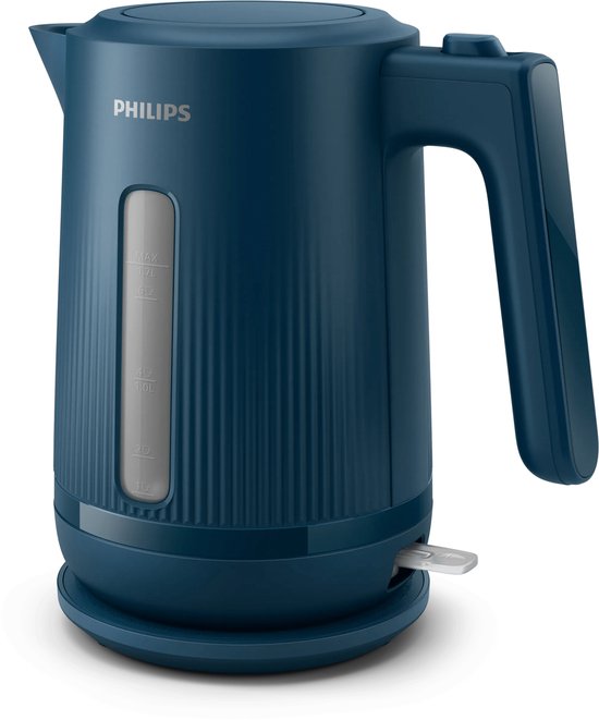 Philips waterkoker in marina blauw met ribbelpatroon en waterniveau-indicator.