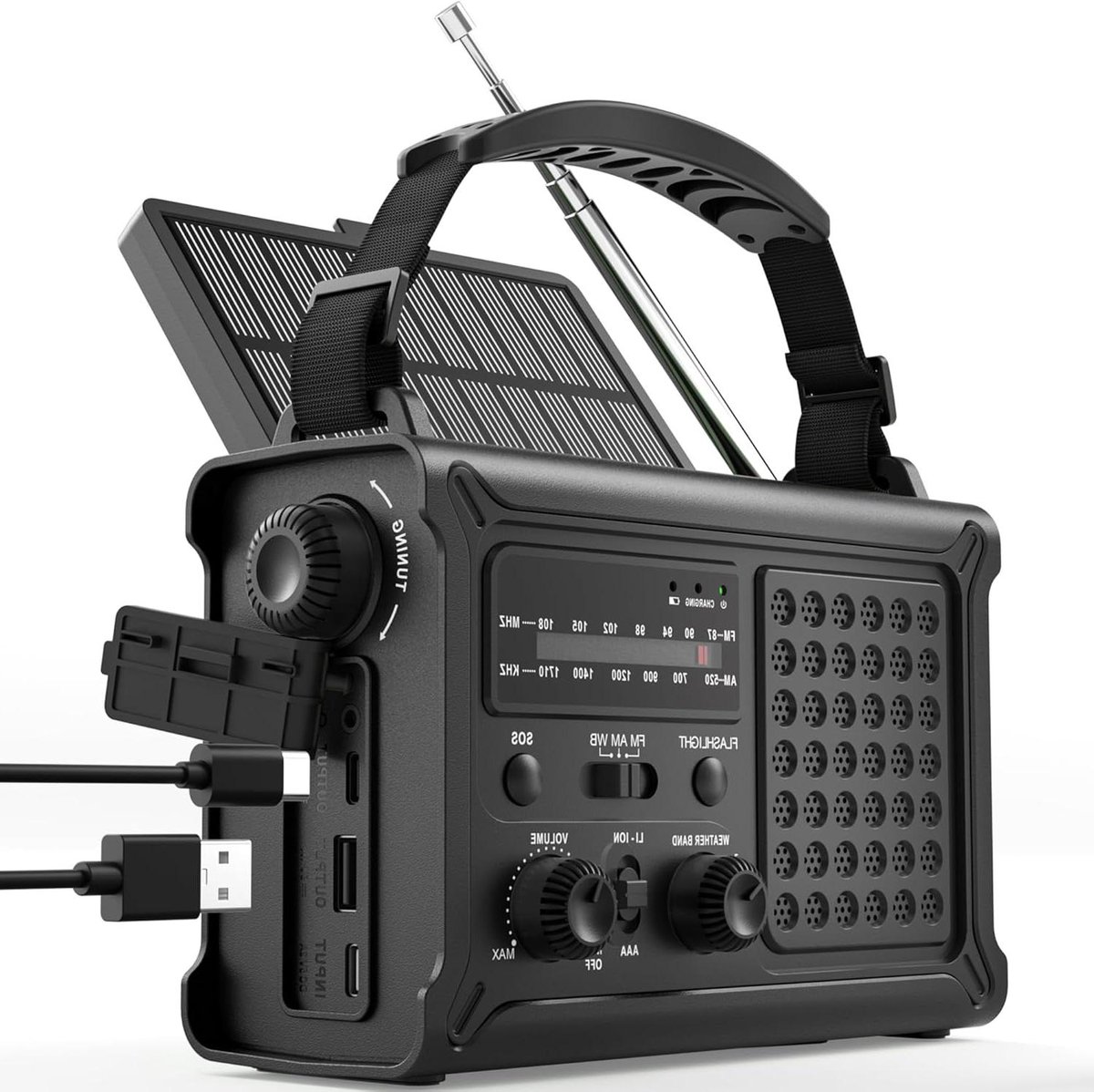 Noodradio met Zonnepaneel - Dynamo Radio - Kamperen en Noodgevallen - 12000mAh Batterij - 8500mm² Paneel - Zwart