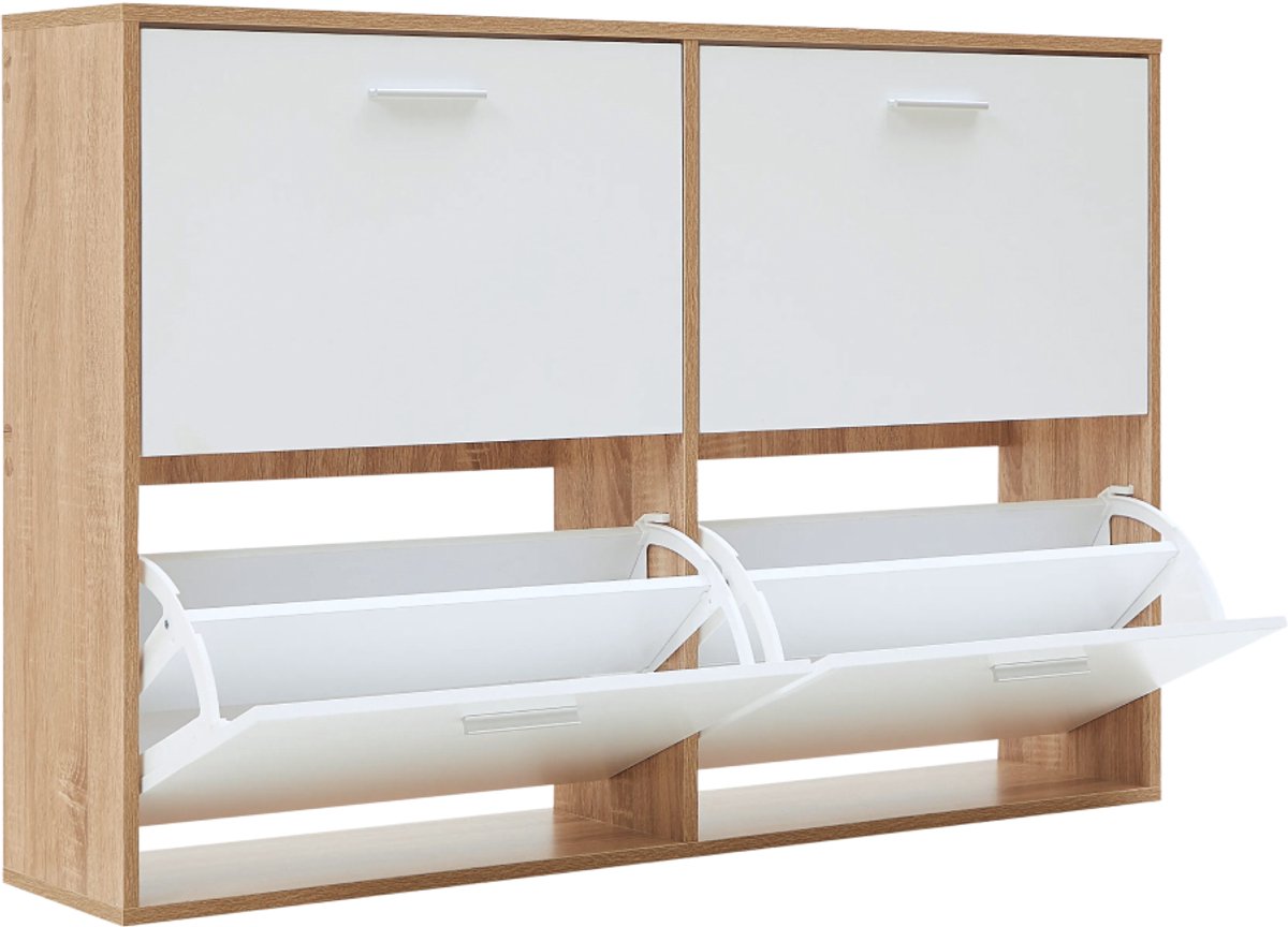 CASABEL Schoenenkast met 4 neerklapbare deuren - Design schoenenkast - Opbergmeubel voor de hal met ruimte voor 24 paar schoenen - Houten frame - Witte neerklapbare deuren