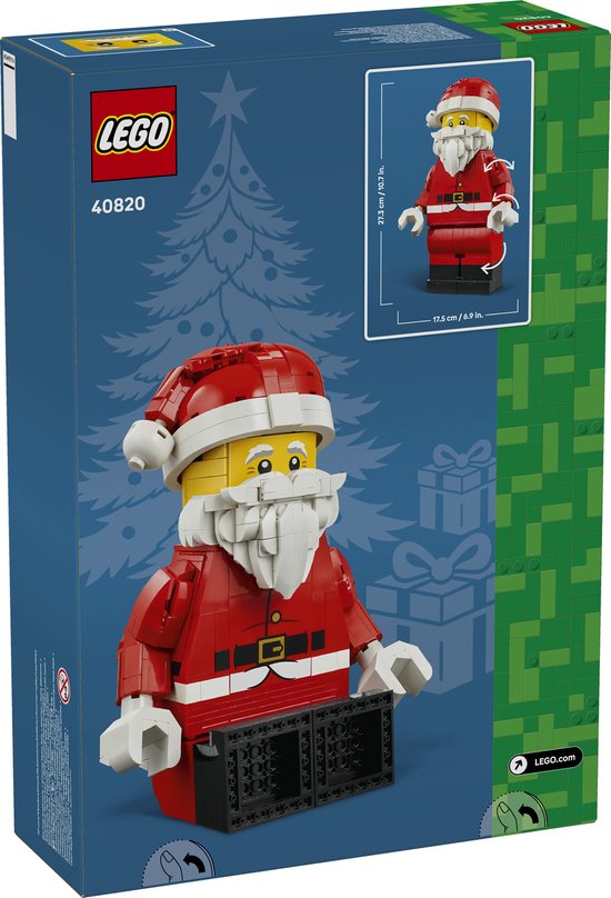 Doos met LEGO opgeschaalde Kerstman minifiguur in rood pak en kerstmuts.