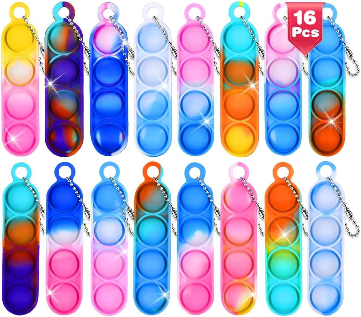 OLOEY Vingertopspeeltjes-mini siliconen sleutelhangerspeeltjes-stressverlagende sensorische vingertopspeeltjes met sleutelhangers-bubbelvingerspeeltjes-geschikt voor autisme en ADHD (16 stuks per verpakking-willekeurige kleuren)