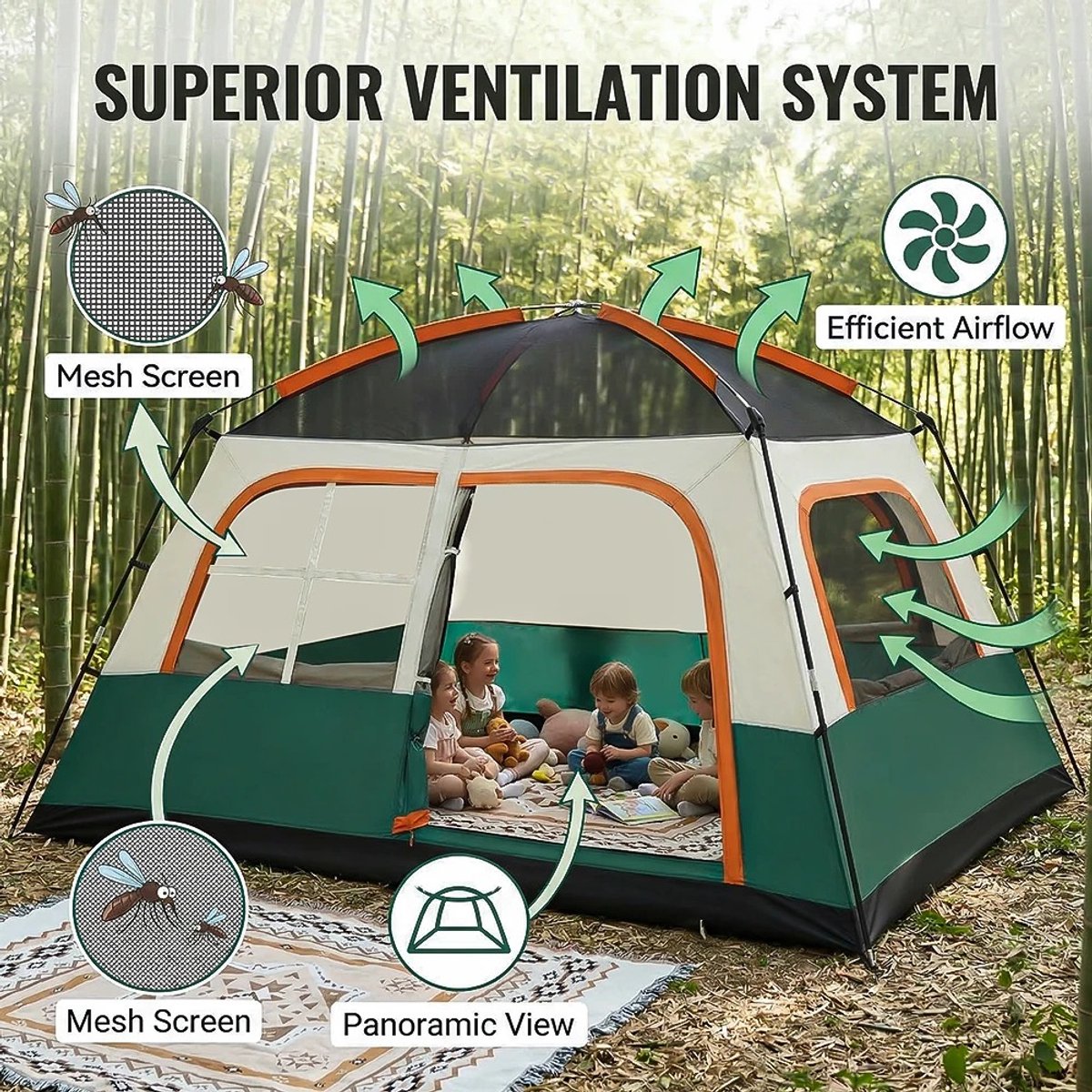Tent - Campingtent - Familietent - Kamperen - Camping - 4-6 Personen - 320x210x180 cm - Uitklapbaar Zonnedak - Snelle Opzet - Groen/Beige – foto 7