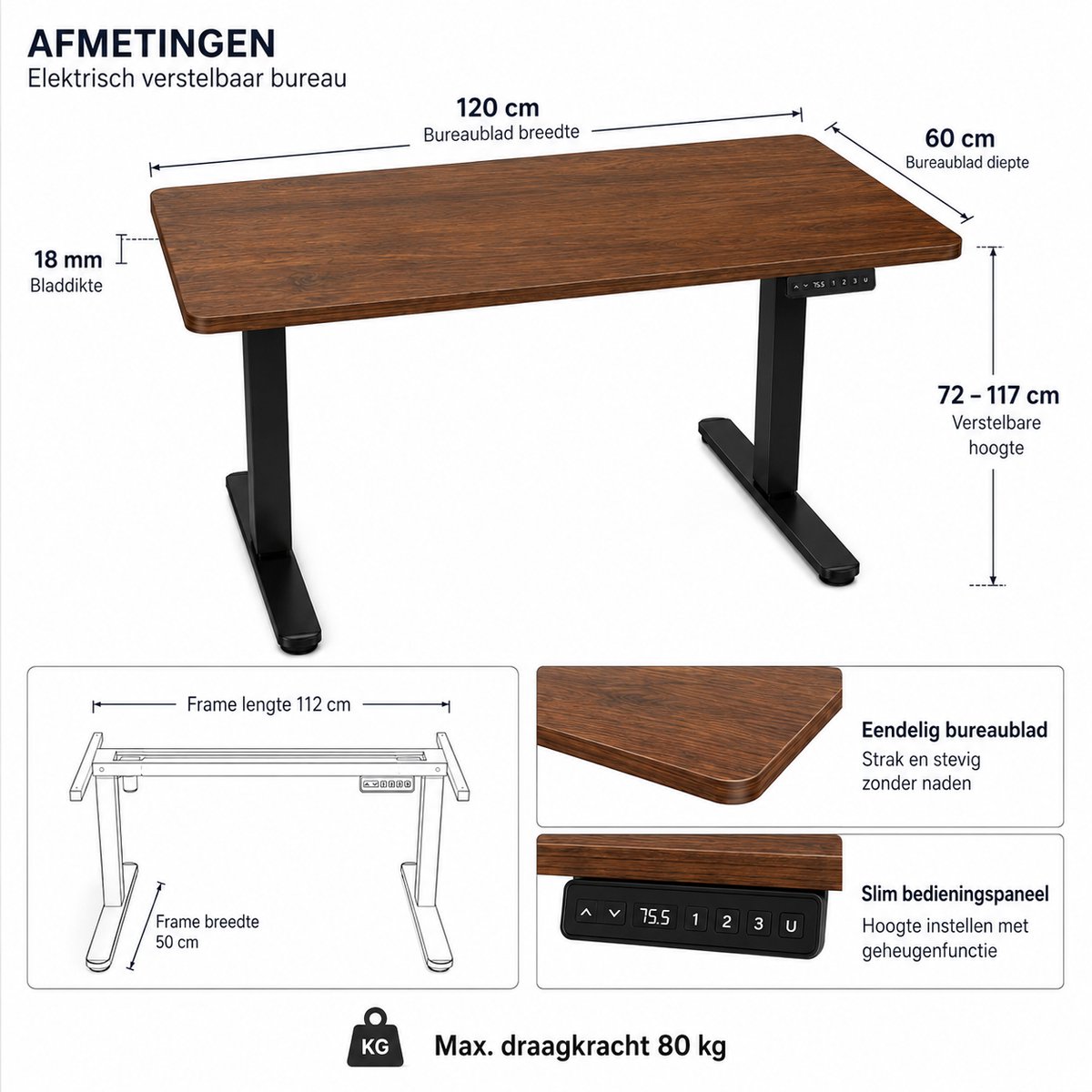 YYchan Zit Sta Bureau Elektrisch 120x60 - Gaming Bureau - Elektrisch verstelbaar - Tafelblad uit één stuk - Geheugenbediening, Stabiel T-Frame, met Koptelefoonhaak - Hoogteverstelbaar 72–118 cm - Walnoot Zwart thumbnail 3