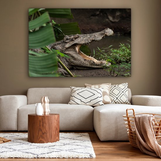 Canvas schilderij 180x120 cm - Wanddecoratie Krokodil met geopende bek - Muurdecoratie woonkamer - Slaapkamer decoratie - Kamer accessoires - Schilderijen op canvas