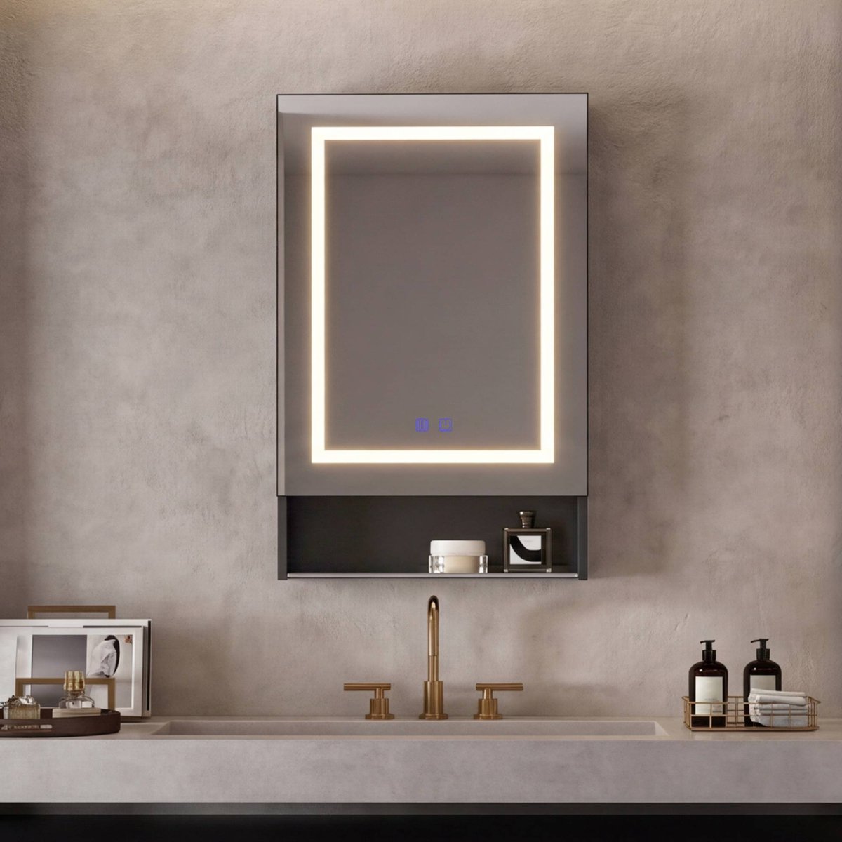 Badkamerkast met Spiegel, LED-Verlichting en Ontwasemingsfunctie, Wandgemonteerde Spiegels Kast met 2 Verstelpbare Glazen Planken en 1 Open Legplank, Touchbediening, 50x16x88 cm, Zwart