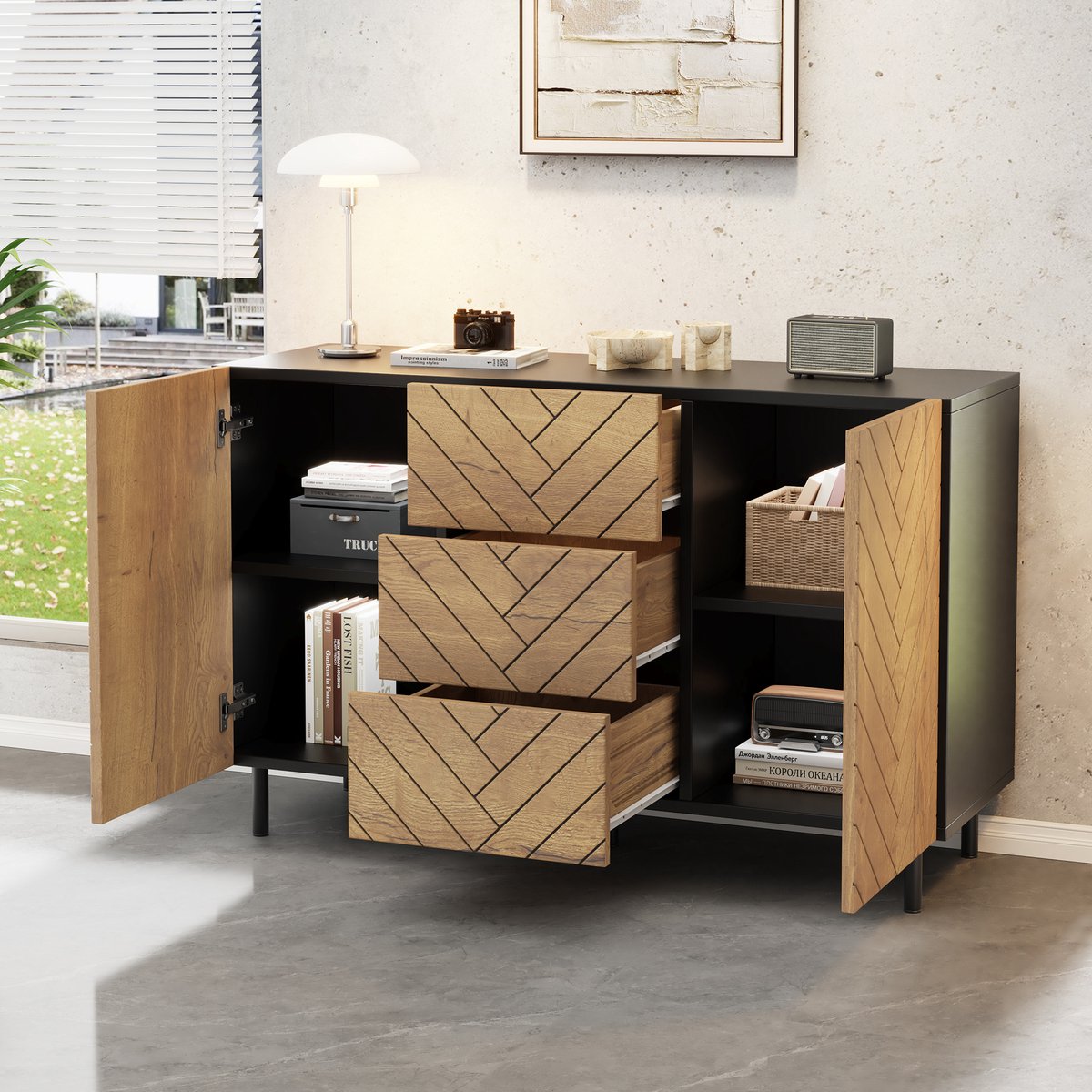 REDOM Dressoir Met 3 Laden En 2 Deuren - Modern - Voor Woonkamer - Spaanplaat - Natuurlijke Houtkleur En Zwart - 120 X 40 X 76 Cm Natuurlijk hout