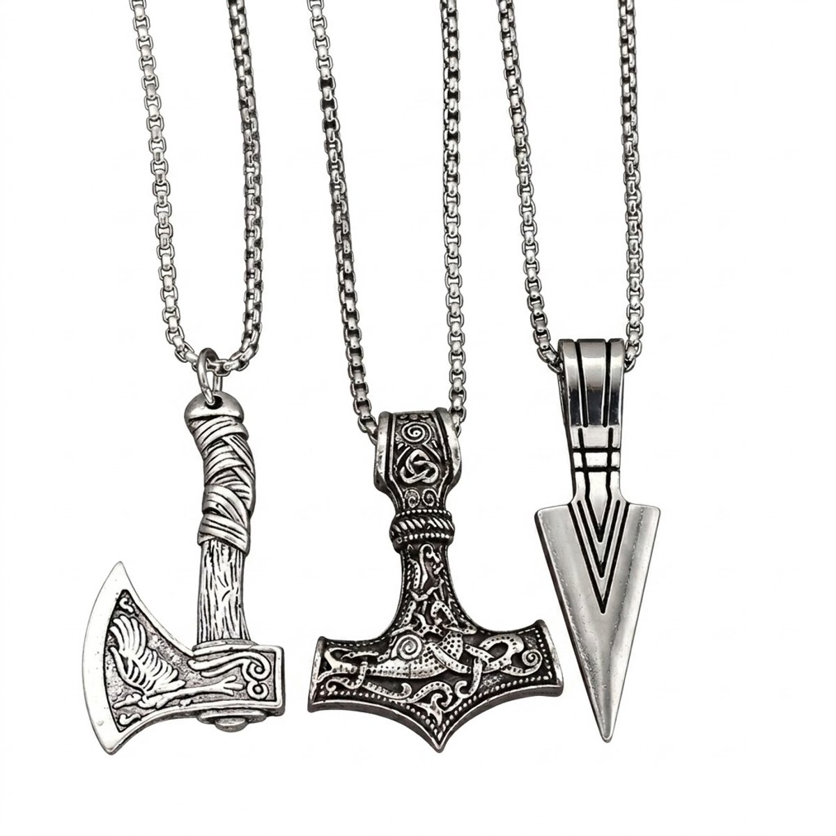 3-delige Viking Ketting Set voor heren 55CM – Zilverkleurige Hangers met Bijl, Speerpunt & Mjölnir
