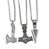 Set de 3 colliers Viking 55 cm – Pendentifs argentés avec hache, fer de lance et Mjölnir