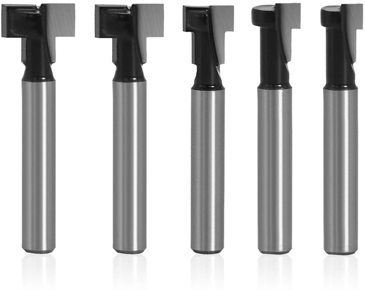 SnelShoppen - 5-delige T-Sleuf Freesbit Set 1/4 Inch Schacht Sleuffrees met 1/4, 5/16, 3/8, 1/2, 9/16 Inch Bladdiameter voor Hout Hex Bout T-Track Slo