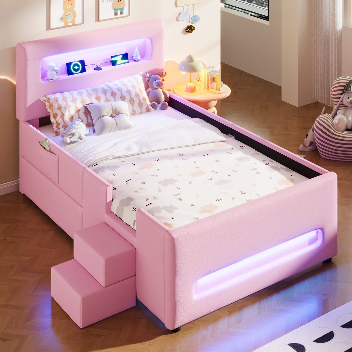 Zubaliya bed 90 x 200 cm met LED-verlichting en lades – roze – voor moderne slaapkamer – praktisch en ruimtebesparend ontwerp