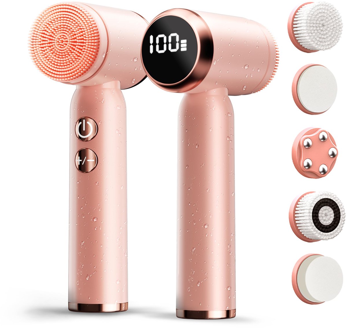 carmdering - Gezichtsreiniger - 6-in-1 Gezichtsreiniger - Elektrische Gezichtsborstel - 3 snelheden, LED-display, 1000 mAh, IPX6 - Met 6 opzetstukken voor reiniging, exfoliatie en massage - Stil, draagbaar, 30 dagen batterij - Roze