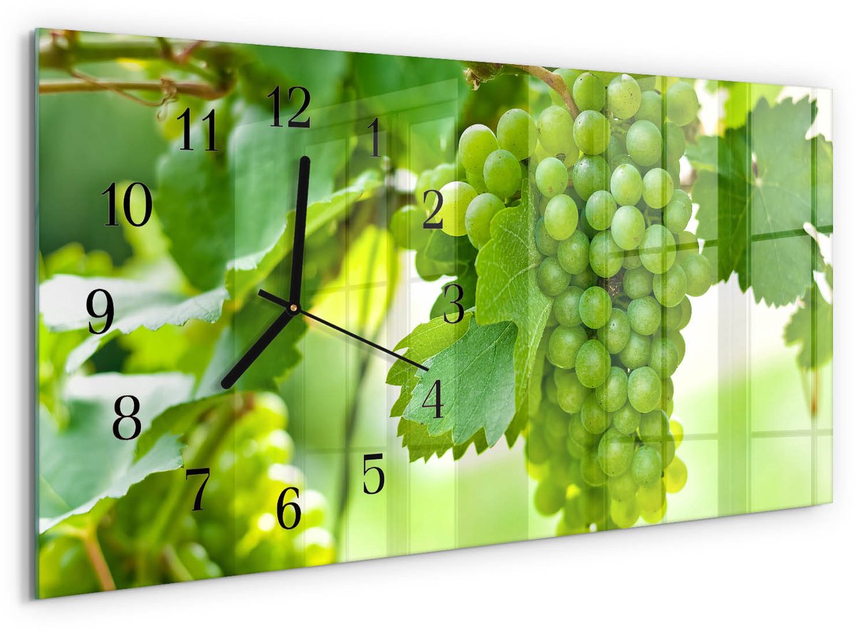 TULUP Wandklok - Druiven Wandklok Glas Decoratie - 60x30 cm - Groente Gekleurde Glazen Klok - Zwarte Handen - Rechthoekige Wandklok - Wandklok Glas Met Motief - Decoratieve Glazen Klok Groente - Druiven