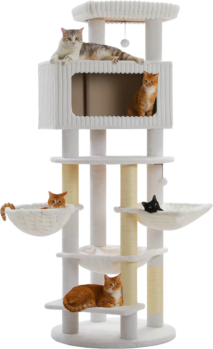 EcoPawPaw 213cm Kattenkrabpaal XXL met 3 hangmatten en kattenhuis – grote krabpaal met sisal palen – stabiel en geschikt voor meerdere katten