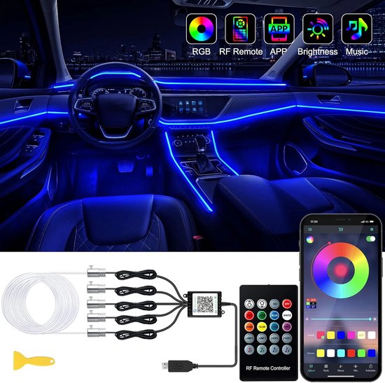Auto Interieur LED Strip Verlichting - Draadloze APP & Afstandsbediening - RGB 4-in-1 Sfeerverlichting - 236 Inch Glasvezel - 16 Miljoen Kleuren - Muzieksynchronisatie