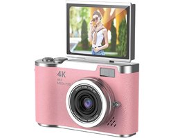 4K Digitale Camera voor Foto's – 48 MP met Kantelbaar Scherm, Draagbare Retrocamera met Kantelbaar Scherm, Selfiecamera met 8x Zoom, Vlogcamera – Camera voor Kinderen en Volwassenen, Compacte Retrocamera voor Buitengebruik (Roze, 1 Set)