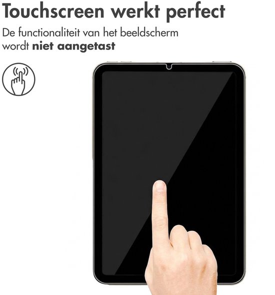 Vinger raakt een zwarte iPad Mini met screenprotector aan. "Touchscreen werkt perfect".