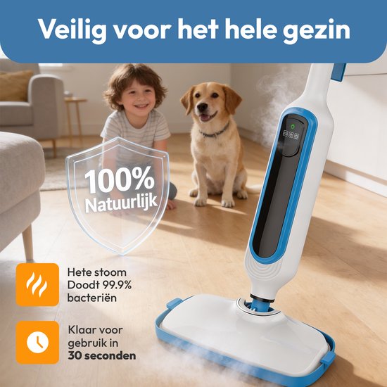 Wit met blauwe stoomreiniger, met een kind en hond op de achtergrond. 100% Natuurlijk, hete stoom doodt 99.9% bacteriën, klaar voor gebruik in 30 seconden.