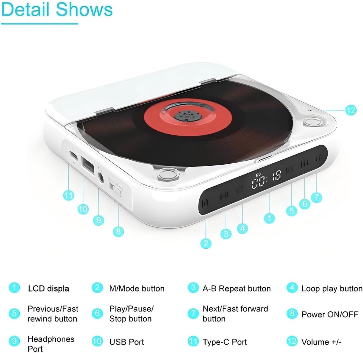 Bluetooth CD-speler - Draagbare CD-speler - Hi-Fi Geluidskwaliteit - 2000mAh Oplaadbare Batterij - 6 Uur Speeltijd - 2.4GHz Bluetooth - Met Anti-schok Technologie - Lichtgewicht 280g - Wit thumbnail 6