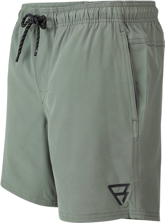 Maillot de bain vert kaki avec cordon et logo sur l'ourlet, sur fond noir.