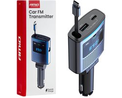 AMiO Car FM Transmitter – Bluetooth – USB-A en USB-C – Ingebouwde Uittrekbare USB-C Kabel – 12V/24V – Handsfree en Snelladen