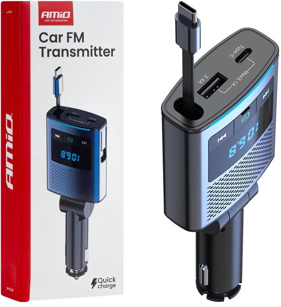 AMiO Car FM Transmitter – Bluetooth – USB-A en USB-C – Ingebouwde Uittrekbare USB-C Kabel – 12V/24V – Handsfree en Snelladen