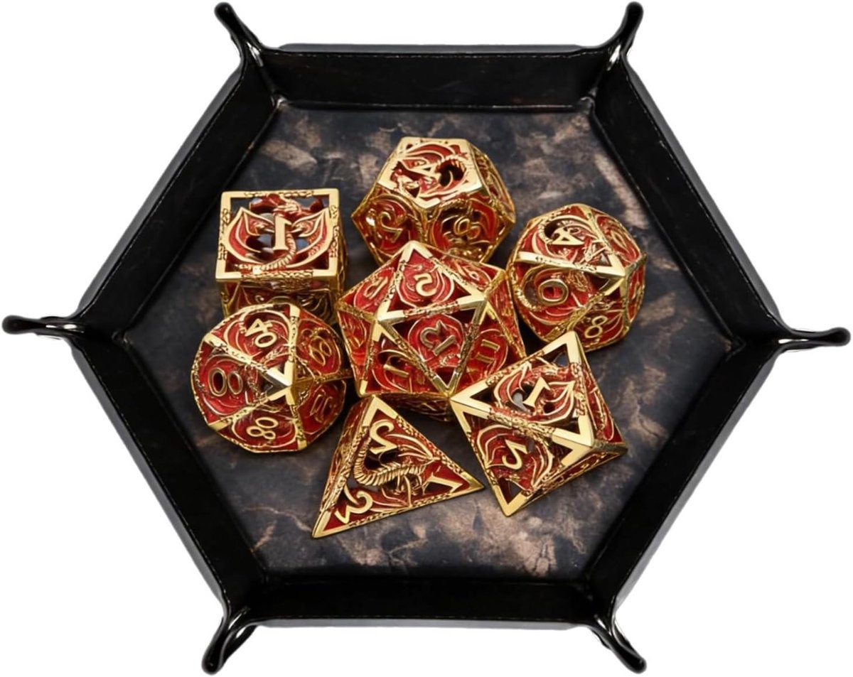 Metalen Dobbelstenen Set - Draken Dobbelstenen - Rollenspellen Spelen - Gedetailleerd Drakenontwerp - 7 Delig - Goud