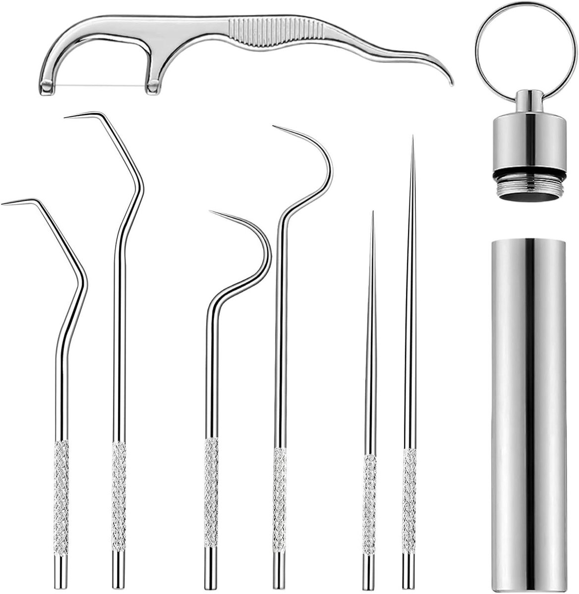 Tandenstokers Set - Metalen Stokers - Mondverzorging - Herbruikbaar Roestvrij Staal - 7 Delig - Zilverkleurig