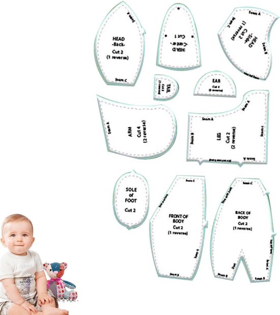 Beer naaipatroon - Quilting liniaal - Kleding herinnering maken - Inclusief neus en ogen - 10/12/15 inch - Transparant van Merkloos — afbeelding 5