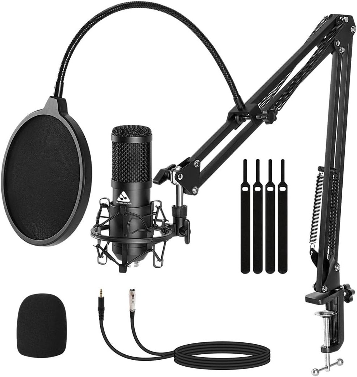 Condensator microfoonset - Studiomicrofoon - Professionele opnames - Compleet met arm - 2 meter kabel - Zwart