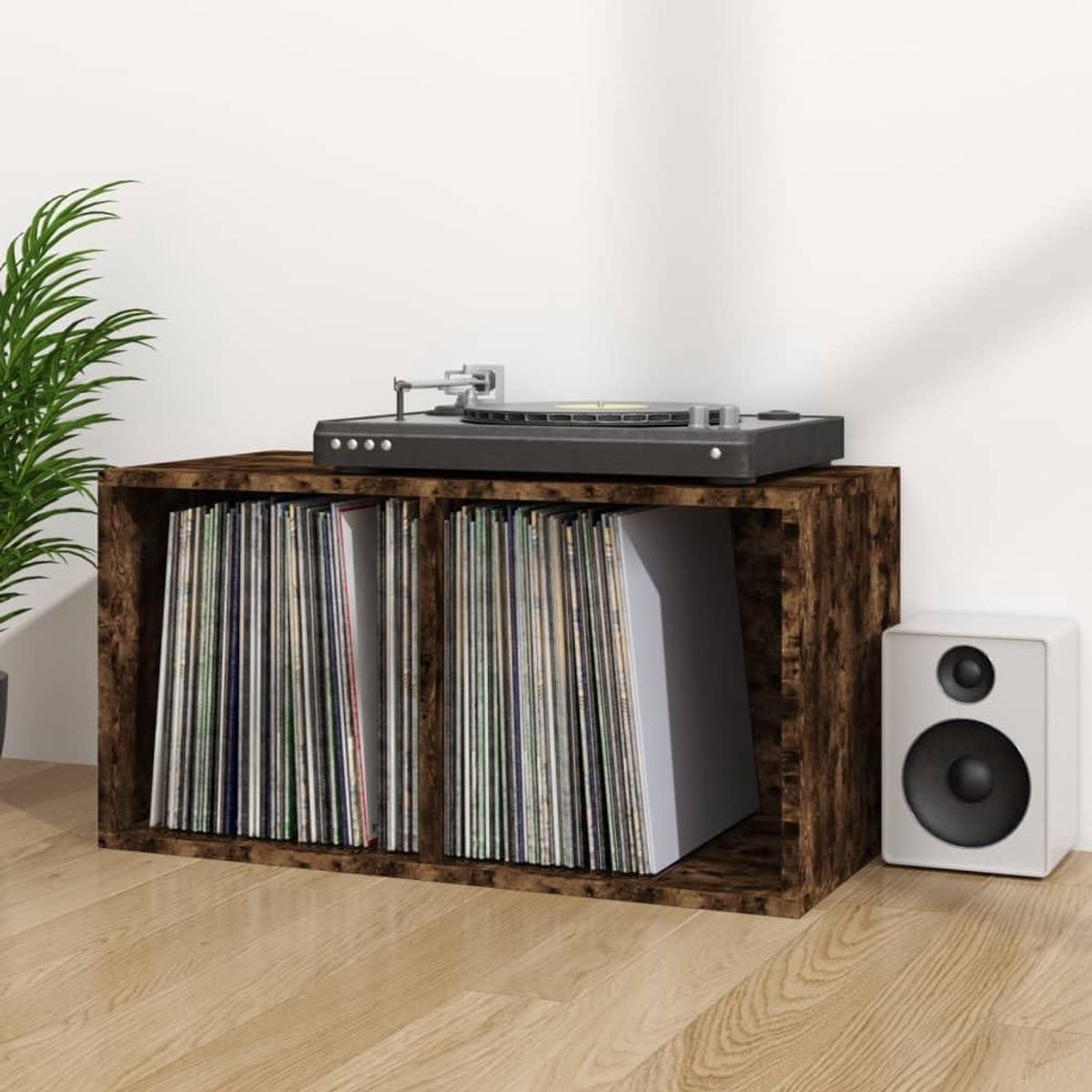Opbergbox Hout - Vinyl Kast - Platen Opslag - Robuuste Achterwand - 71x34x36cm - Gerookt Eiken