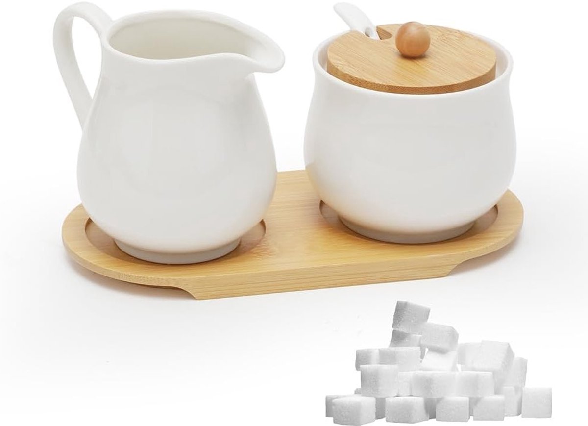 Set van 5-delige keramische melkkannetje en suikerpot met houten tablet en lepel, ideaal voor keuken, koffie en vaatwasserbestendig