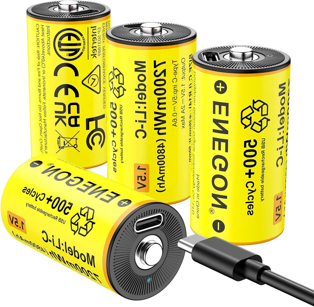Oplaadbare C Batterijen - Lithium C Pil - Apparaten Voeden - Type-C Snelladen - 4 Stuks 7200mAh - Zwart