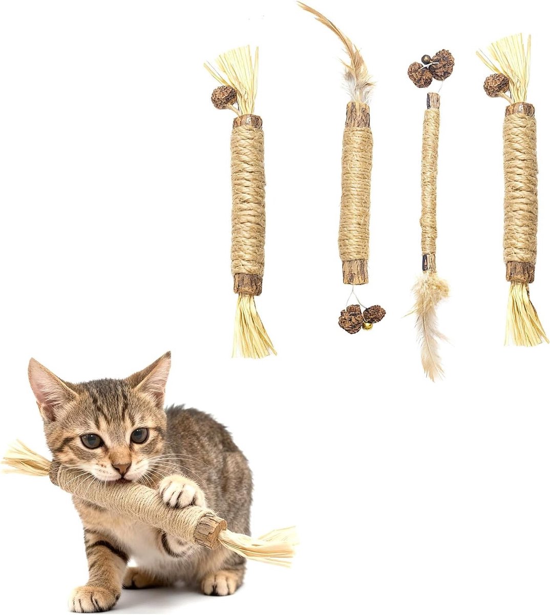 Dailygoods - Matatabi kauwsticks voor katten, 4 stuks, tandverzorgingsspeelgoed om tandsteen te verwijderen en de adem te verfrissen, spel voor kittens en volwassen katten met Matatabi