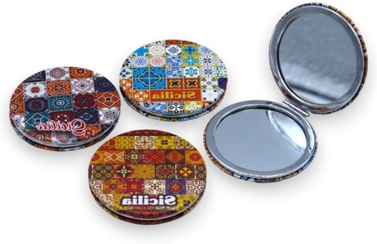 Zakspiegel - Handspiegel Decoratief - Make-up Aanbrengen - Met Majolica Motieven - 7 cm Diameter - Wit