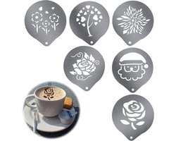 Cappuccino Sjablonen voor Staal - 6 Stuks voor Cacao Poeder, Koffie Accessoires, Perfecte Patronen voor Koffie en Gebak