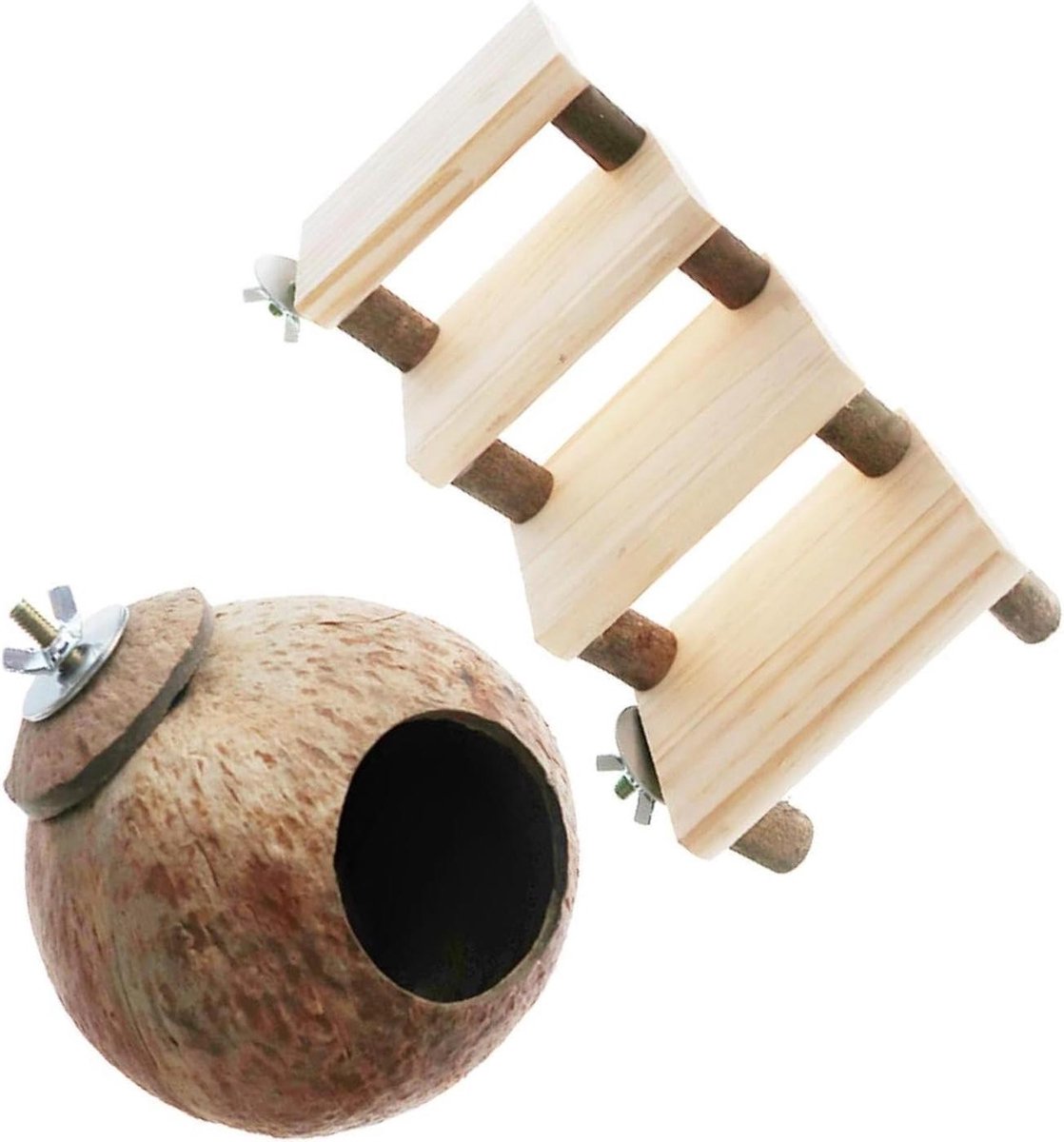 Hamsterhuis met ladder - Klein dier speelgoed - Spelen en rusten - Houten coconest - 12 cm kokosnoot - Natuurlijk hout