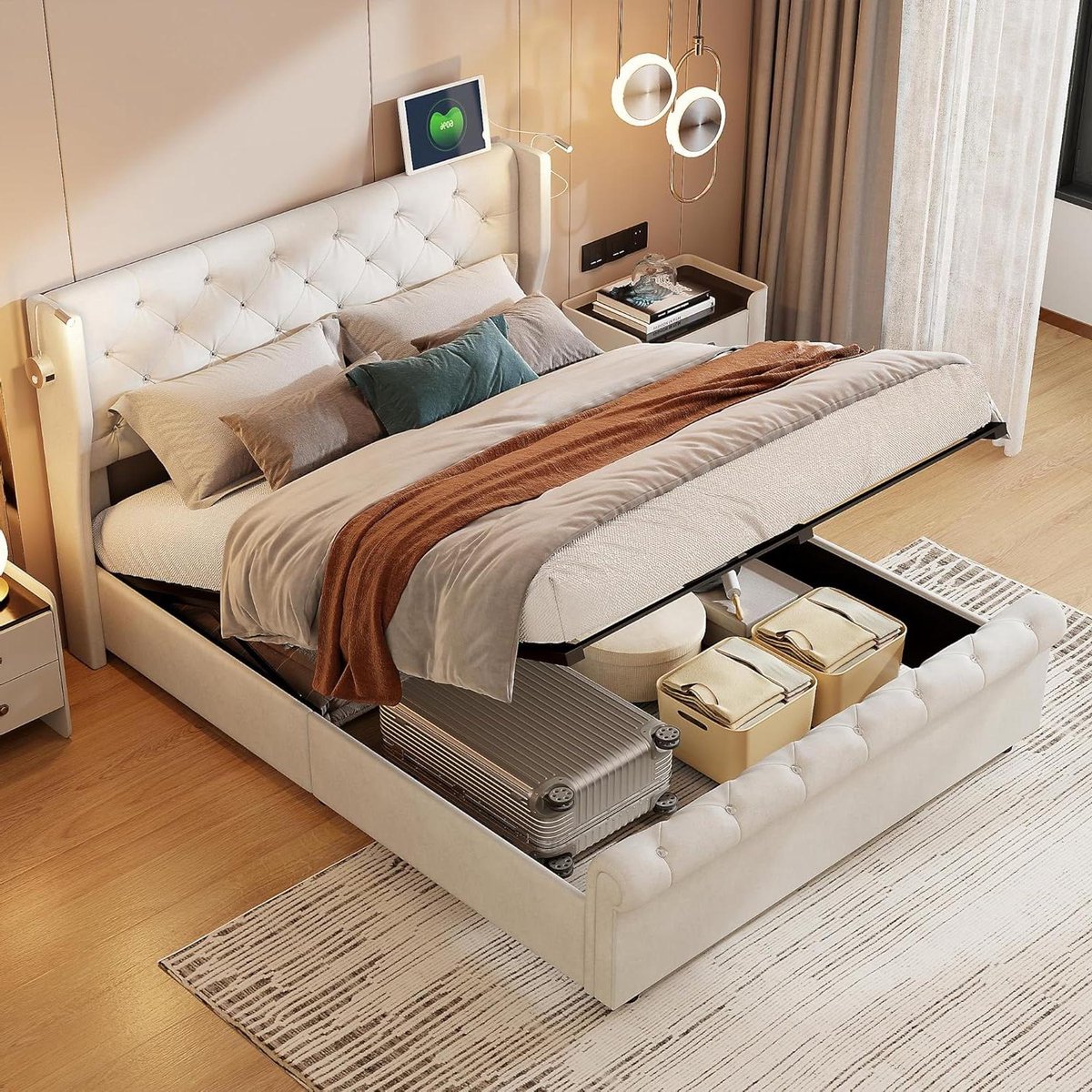 Tweepersoonsbed - Kistbed - Opbergen en slapen - Met led en USB - 160x200 cm - Beige