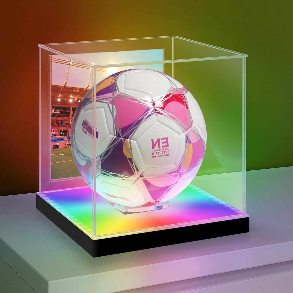 Voordelige etalage voor voetbal met LED RGBW verlichting, acryl displaykast voor collectie, UV- en stofbescherming, inclusief ballonsteun en fotohouder