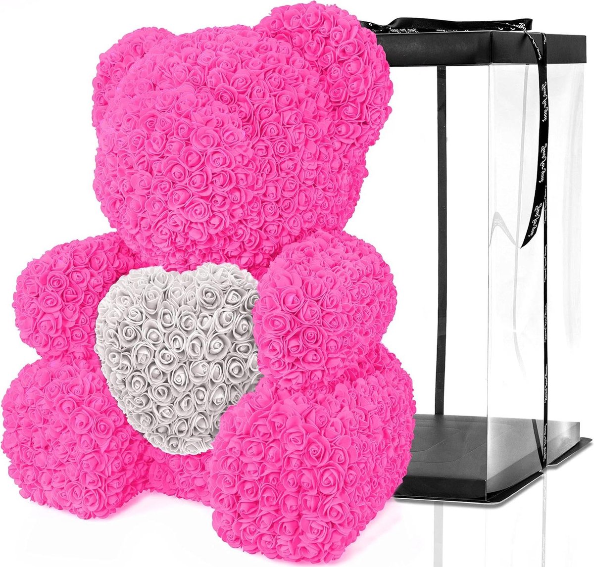 Bloemenbeer - Rozenbeer Decoratie - Cadeau Geven - Handgemaakt Duurzaam - 70 cm - Roze met hart