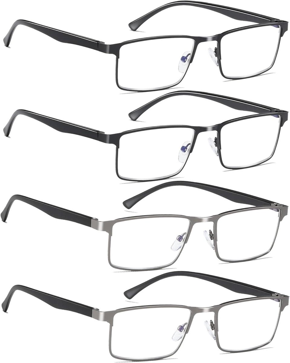 Leesbrillen Heren - Gelezen Brillen - Comfortabel Lezen - Blauwlichtfilter Metaalframe - 4 Stuks - Zwart