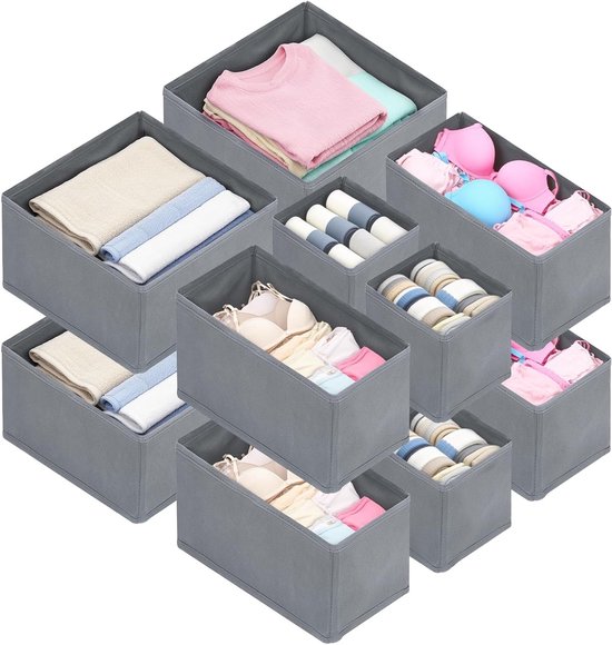 Set van 12 Lade-organisers voor Kleding, Ondergoed en Sokken - Vouwbare Opbergdozen voor een Georganiseerde Kledingkast en Verschoontafel (Grijs)