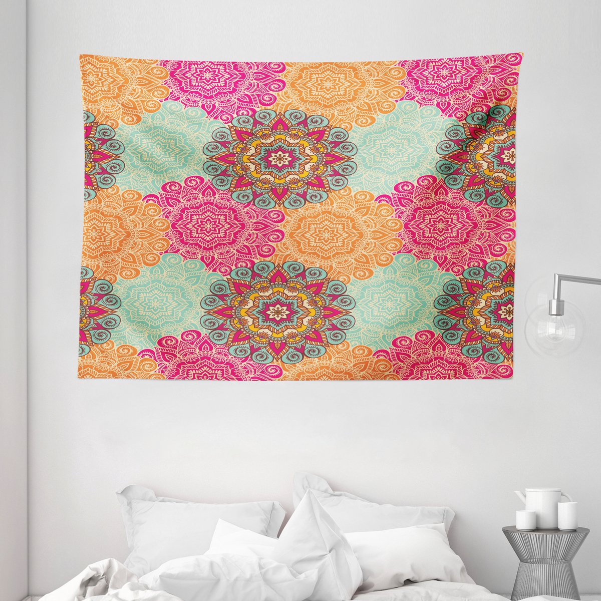 ABAKUHAUS Mandala Wandtapijt en Sprei, Antieke Tribal Mandala, 150 x 110 cm, Fuchsia Oranje Fuchsia-oranje