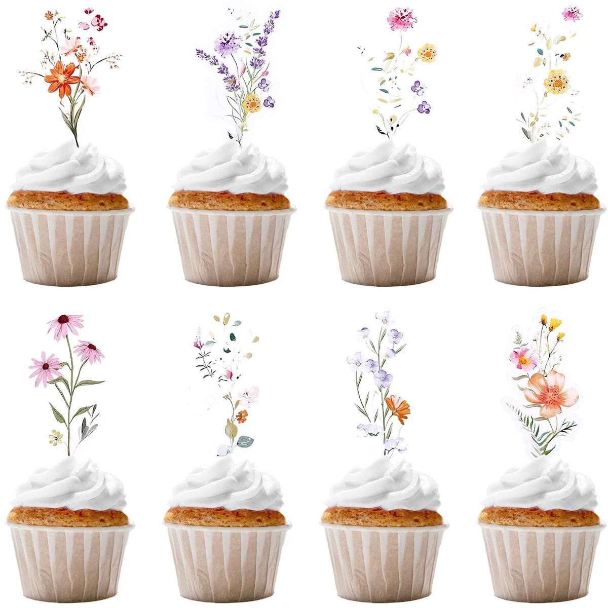 aladdien - Wild Flower Cupcake Toppers - 40 Stuks - Perfect voor Baby Shower - Decoratie - Verjaardagsfeest - Kleurrijk - Feestaccessoires - Geschik...