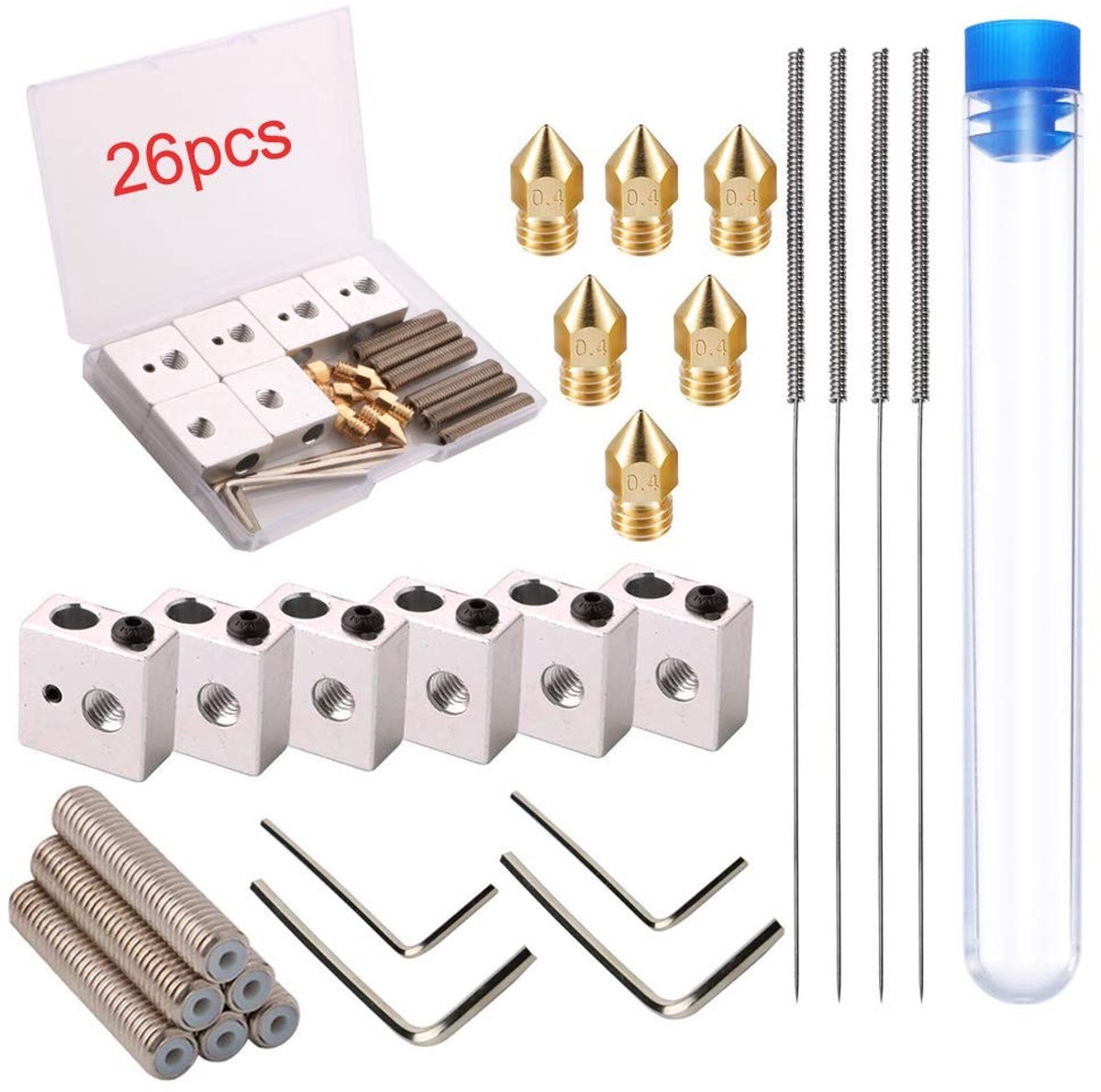 RUNCCI-YUN 6-delige MK8 3D Printer Set: Teflon Tube, Messing Nozzles en Aluminium Heating Blocks