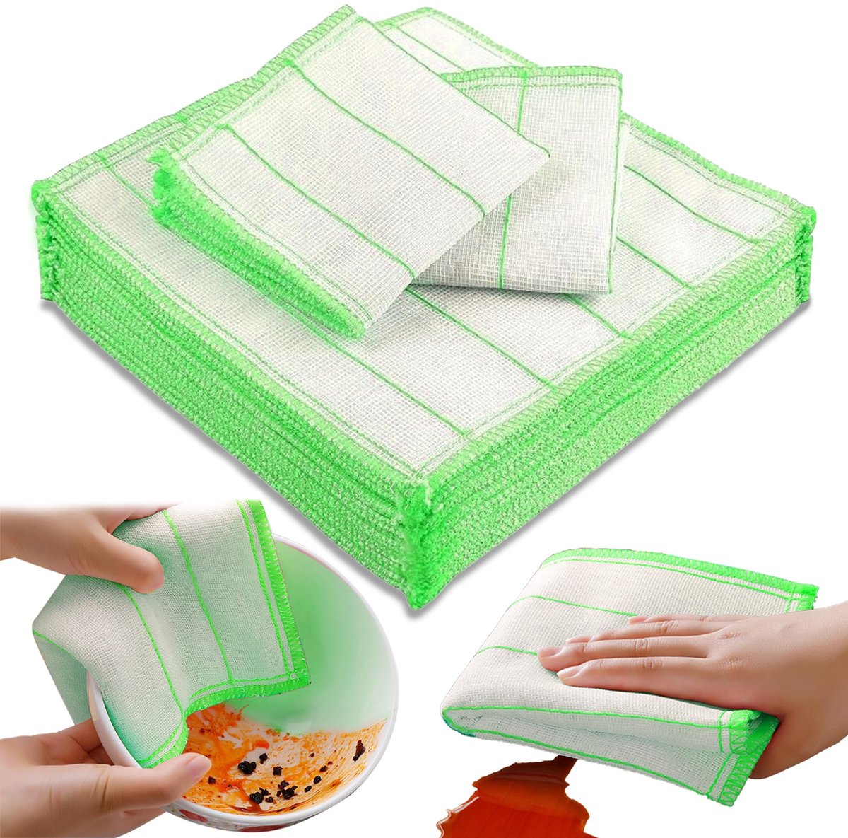 Retoo Set van 10 Katoenen Keukenhanddoeken 32x32 cm - Absorberend en Lintvrij - Geruit Groen/Wit