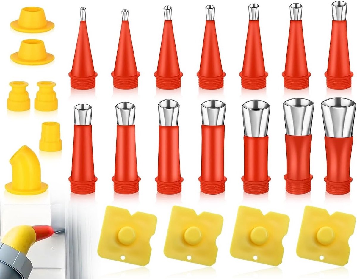 24 Stuks RVS Afsluitdoppen en Spuitmonden voor Tuning, Inclusief 14 Sealant Nozzles, 6 Basisstukken en 4 Schrapers voor Precisiewerk