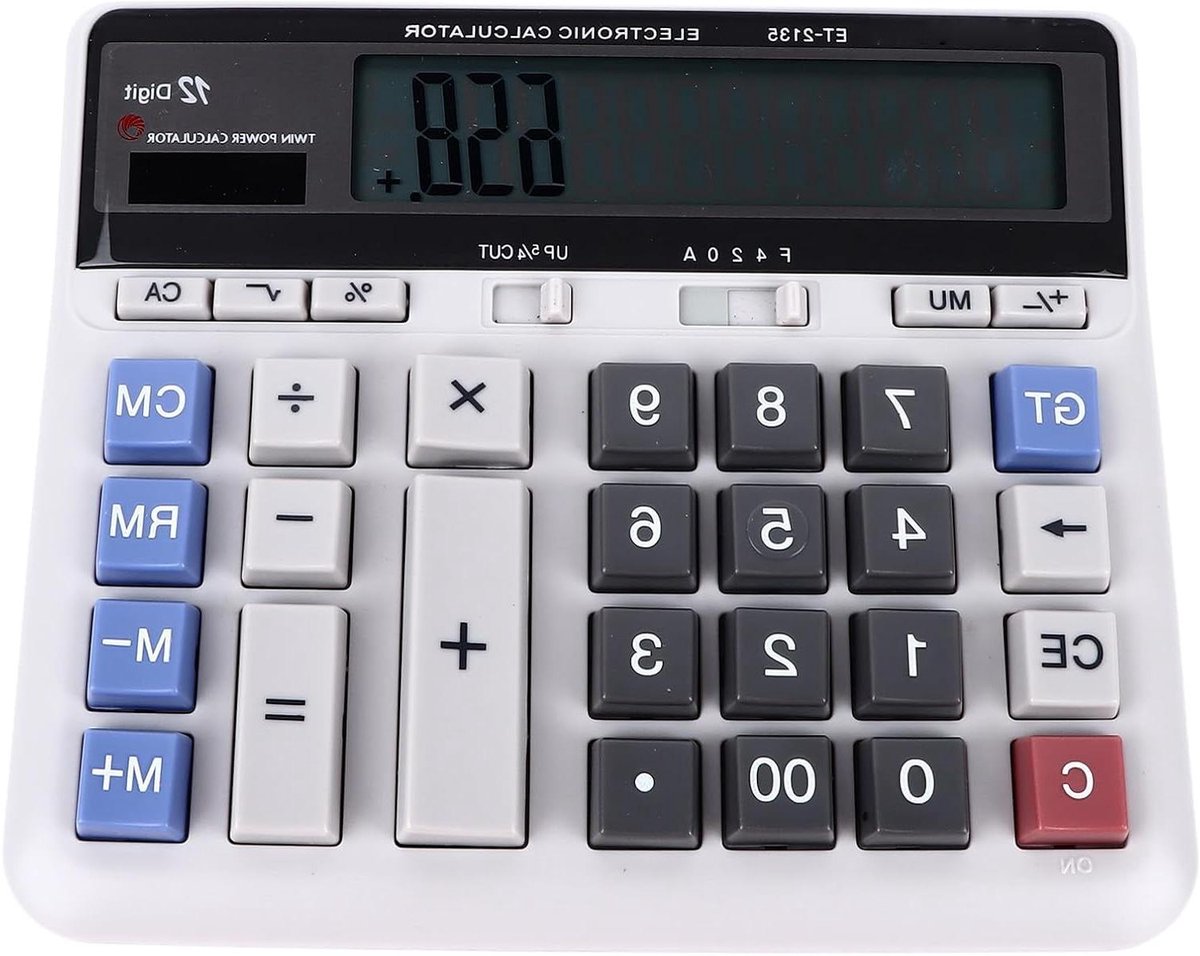 Rekenmachine Grote Knoppen - Zonne-calculator - Boekhouding Vereenvoudigen - Hoge Gevoeligheid - 12 Cijfers - Grijs Wit